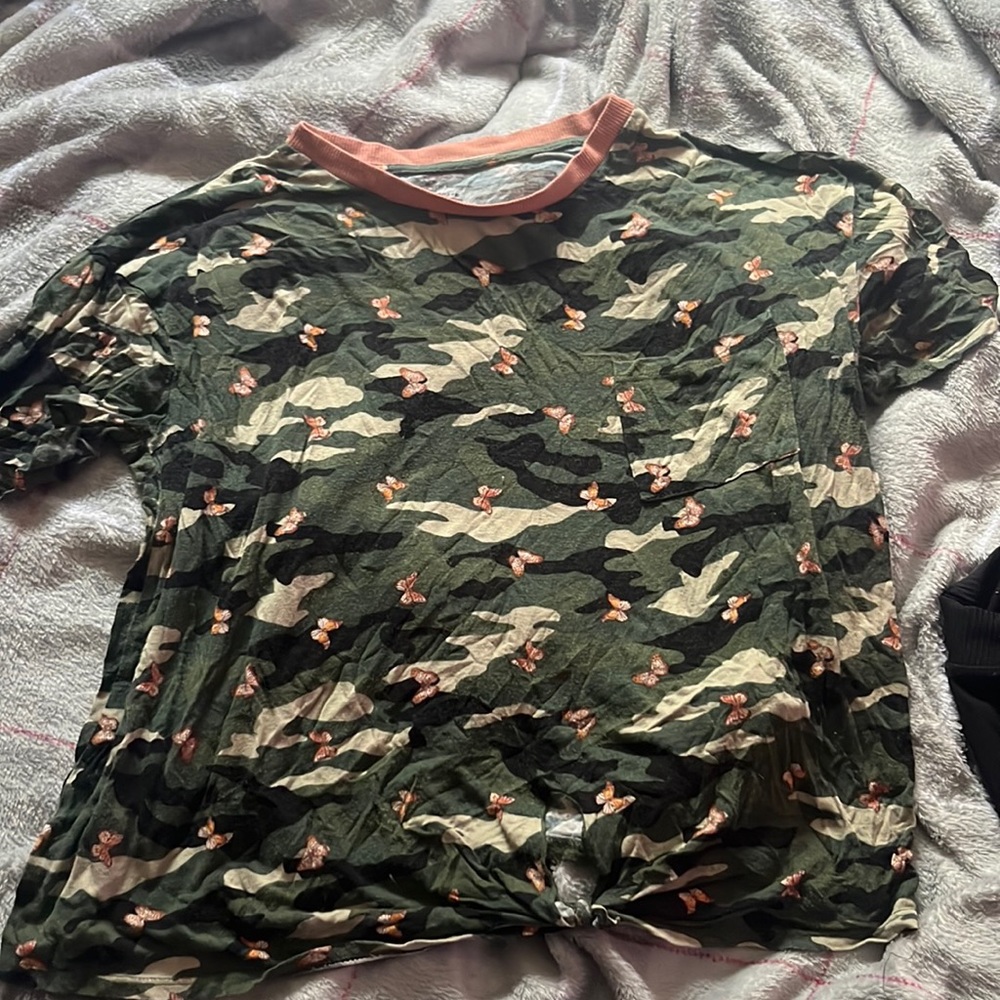 Army green shirt with butterflies